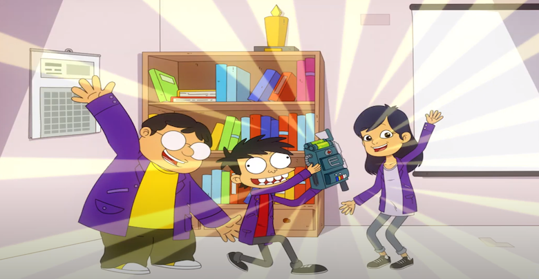 Si Juki with two friends, holding a device that emits rays.