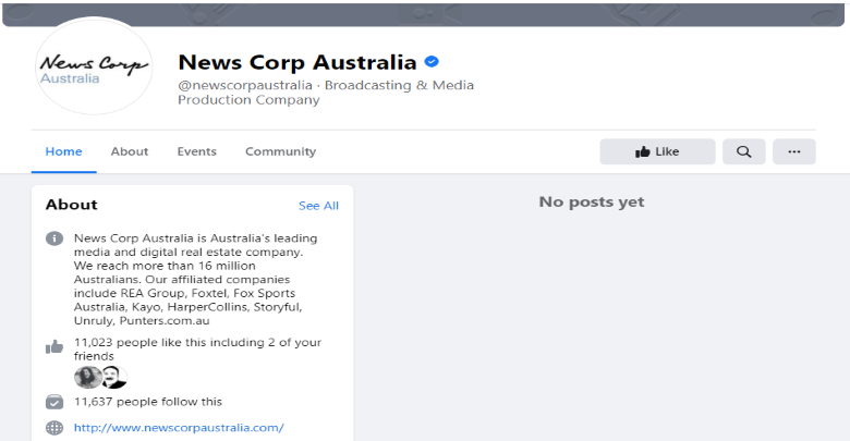 Screen capture of News Corp's Facebook page, showing an empty area where posts should be.