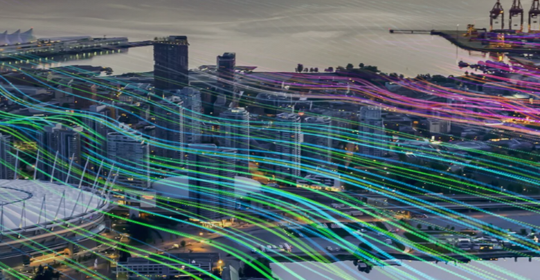 Lines of light overlaid on an image of a city.