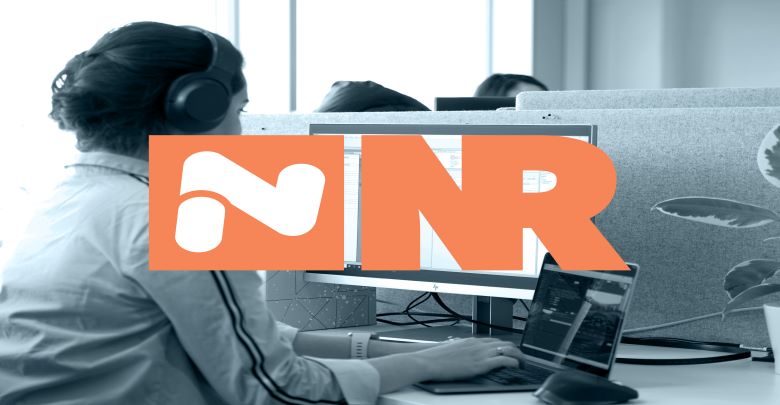 Product logo superimposed on a monochrome image of a newsroom