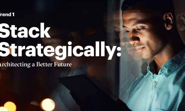 Man looking at a tablet. “Stack Strategically: Architecting a Better Future” is listed on the left.