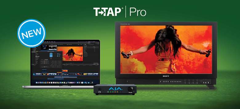The compact T-Tap Pro is pictured next to a laptop on the left and a larger display on the right. Both the laptop and the display have the same video onscreen.