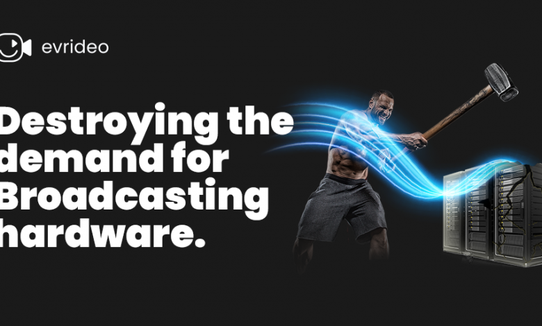 Man holding a hammer over some hardware with the headline “Destroying the demand for broadcasting hardware” to the left.