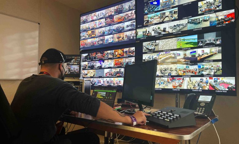 Operator monitoring all live video feeds for the broadcast of 2021 NFL Draft