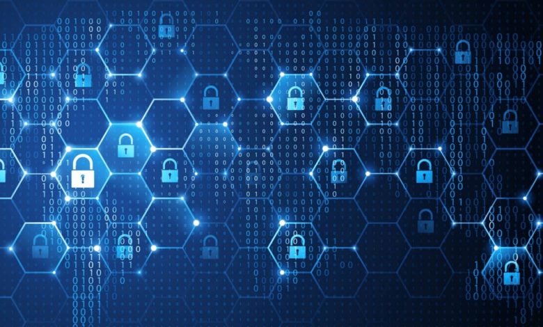 Blue and white graphic with numbers and locks