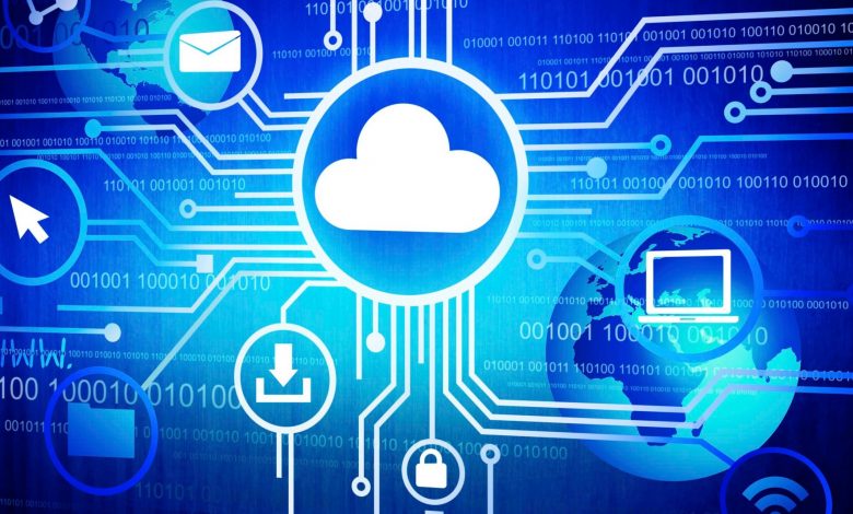 Blue and white graphic showing a cloud and its connections